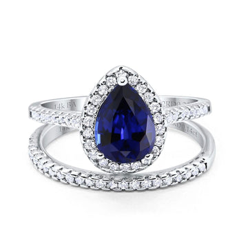 14K White Gold 1.62ct Pear 8mmx6mm G SI Nano Blue Sapphire Diamond Bridal Engagement Wedding Ring Size 6.5